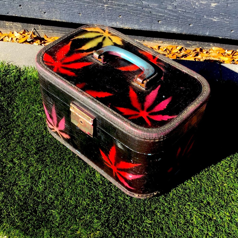 Vintage Train Case Luggage Retro Rasta Hand Painted Unique One of a Kind Leafs